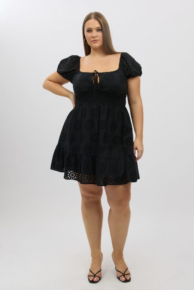 Black Cotton Eyelet Lace Scoop Neck Mini Dress