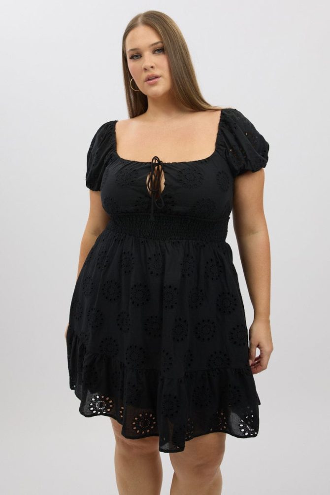 Black Cotton Eyelet Lace Scoop Neck Mini Dress