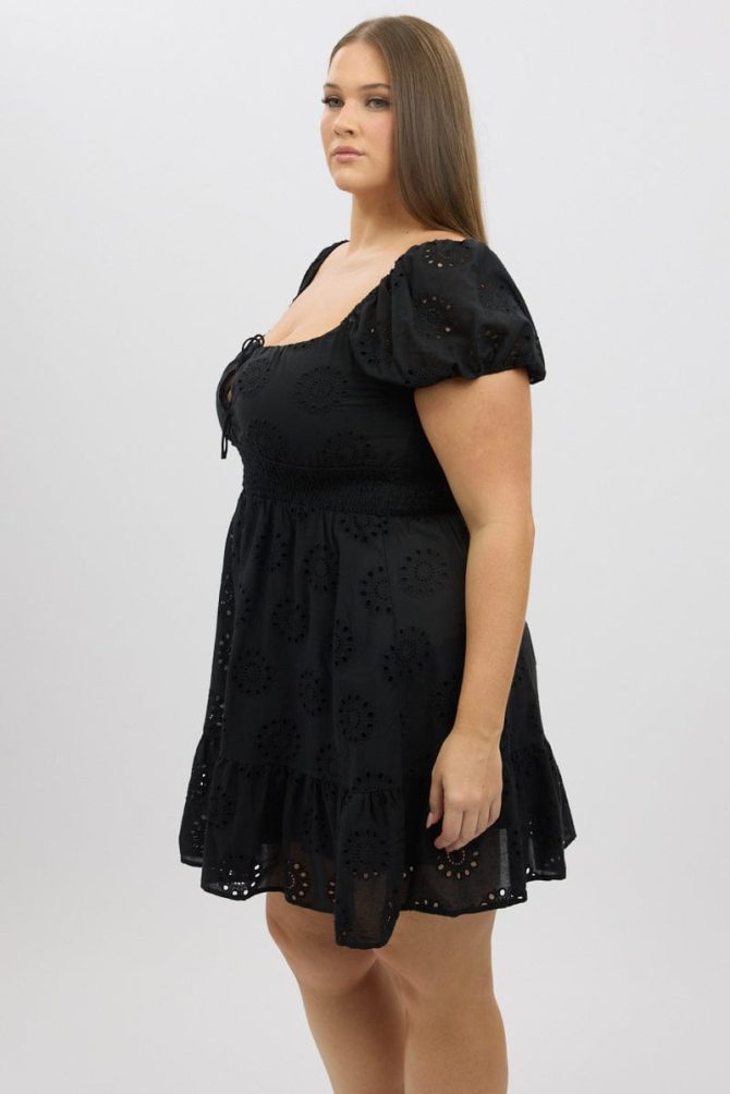 Black Cotton Eyelet Lace Scoop Neck Mini Dress