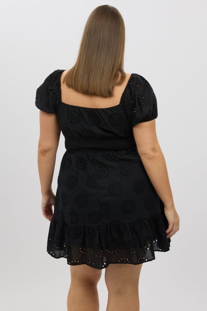 Black Cotton Eyelet Lace Scoop Neck Mini Dress