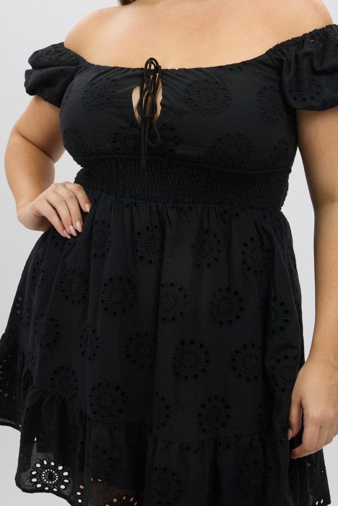 Black Cotton Eyelet Lace Scoop Neck Mini Dress
