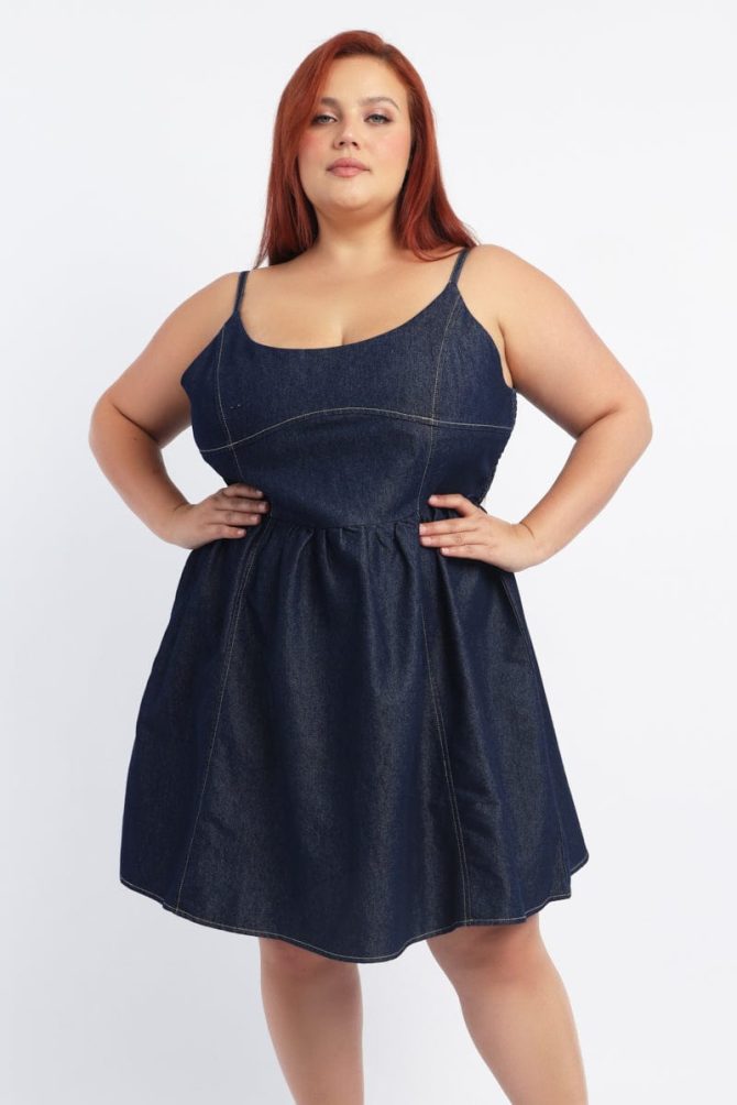 Denim Contrast Stitching Flare Mini Dress