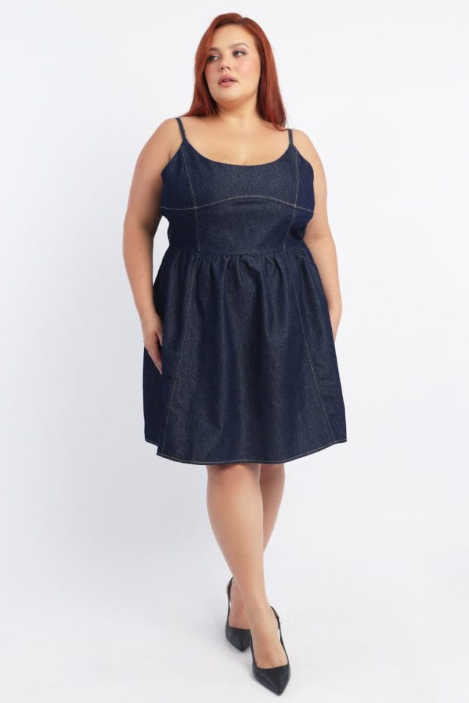 Denim Contrast Stitching Flare Mini Dress