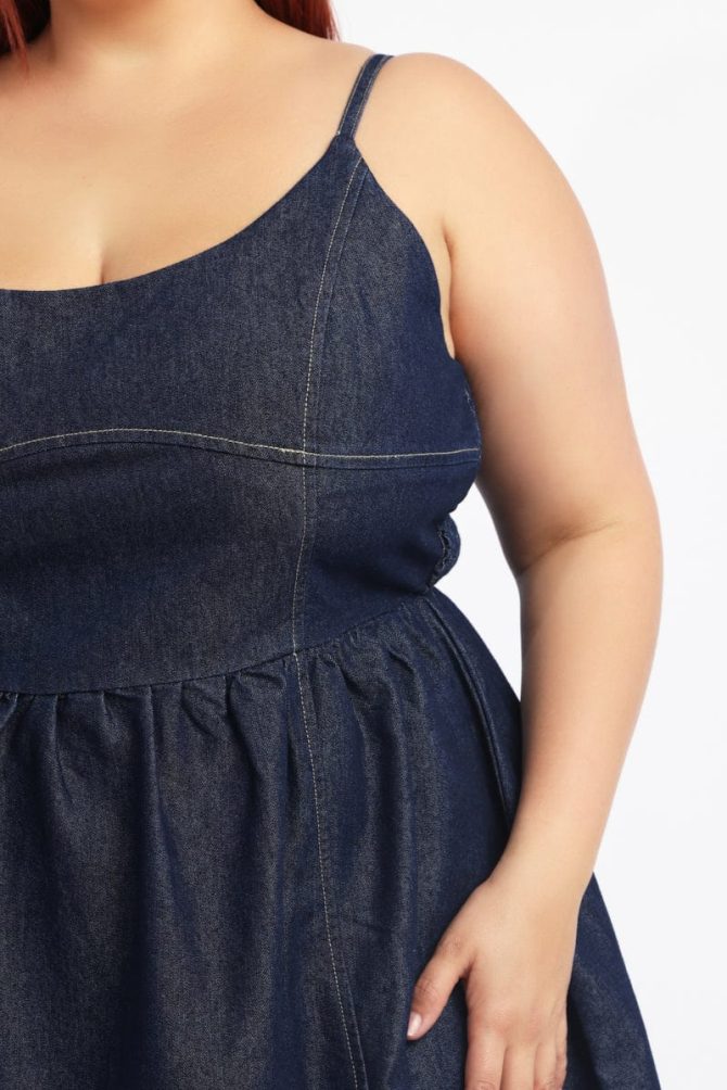 Denim Contrast Stitching Flare Mini Dress
