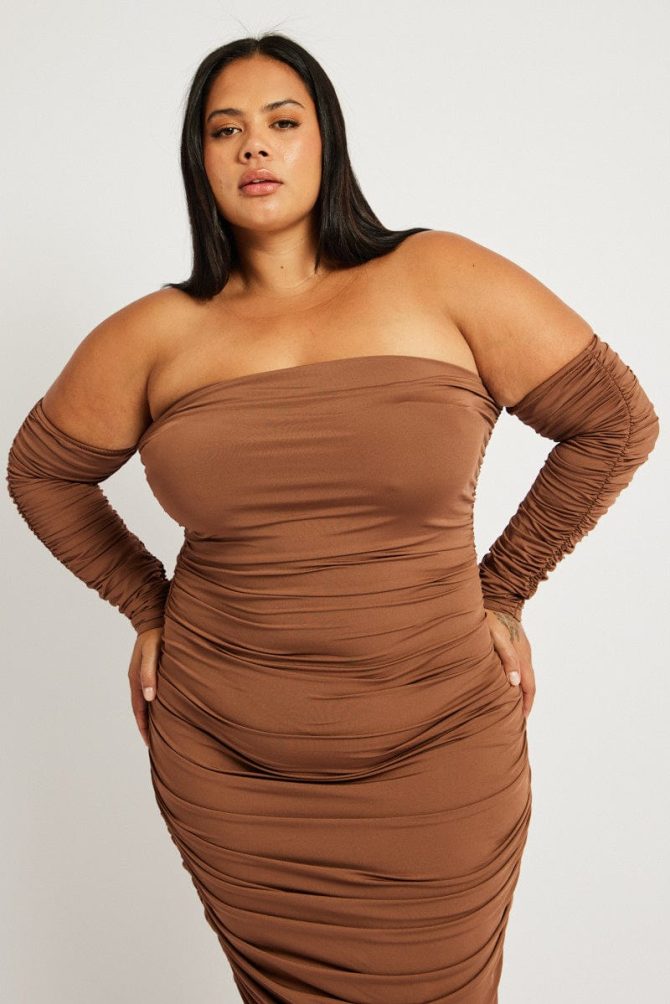 Brown Ruched Jersey Midi Dress