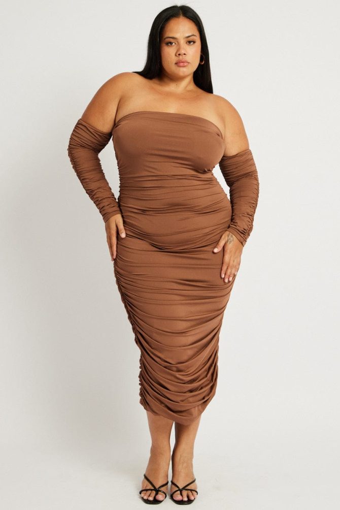 Brown Ruched Jersey Midi Dress
