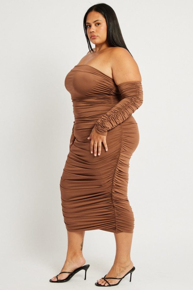 Brown Ruched Jersey Midi Dress