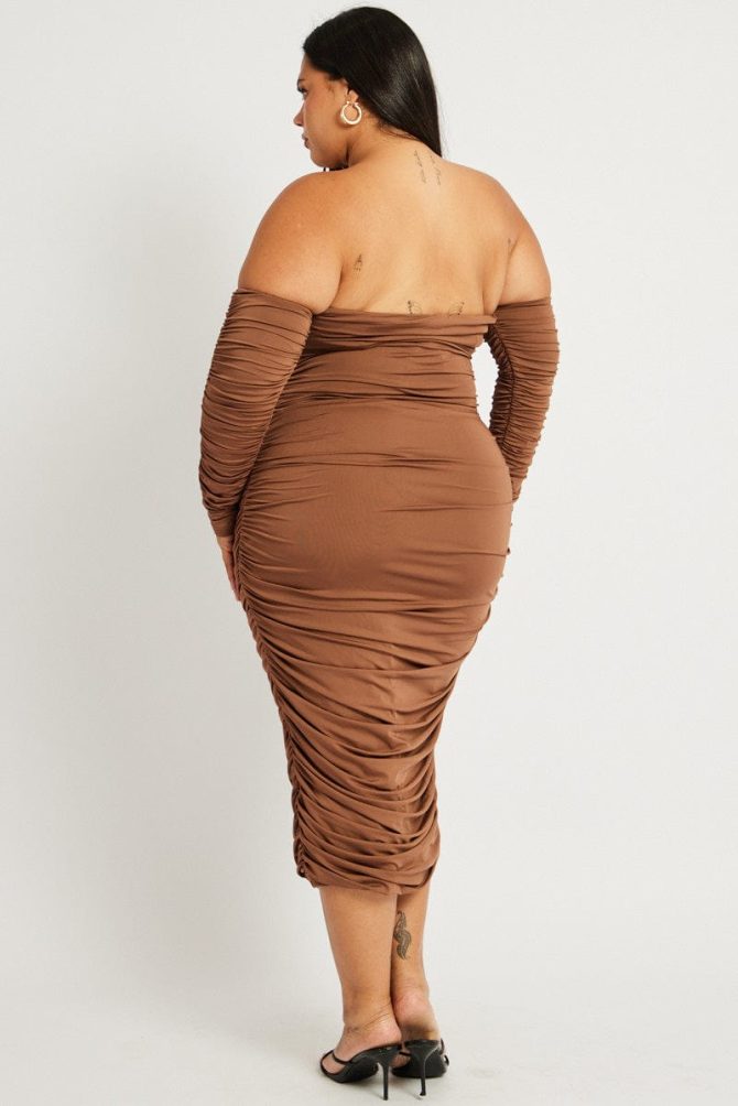 Brown Ruched Jersey Midi Dress
