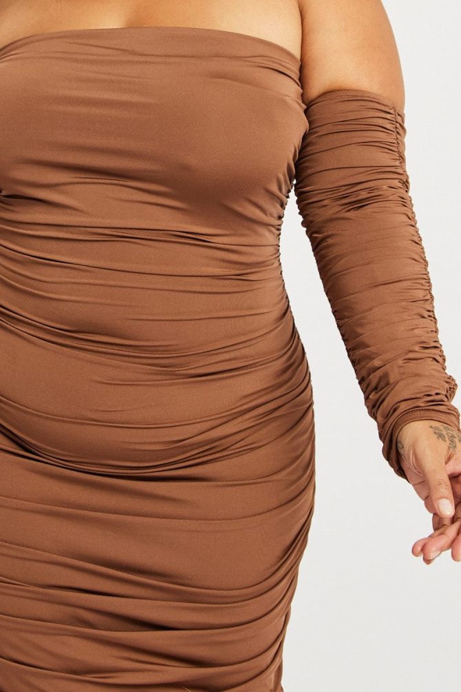 Brown Ruched Jersey Midi Dress