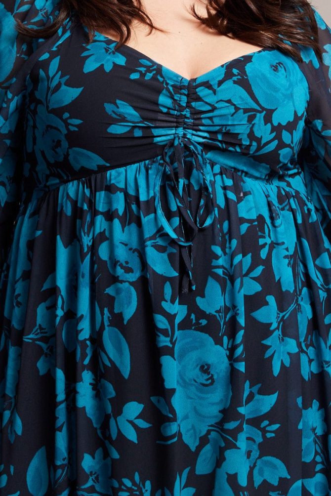 Black Floral Midi Dress Long Sleeve Ruched Front