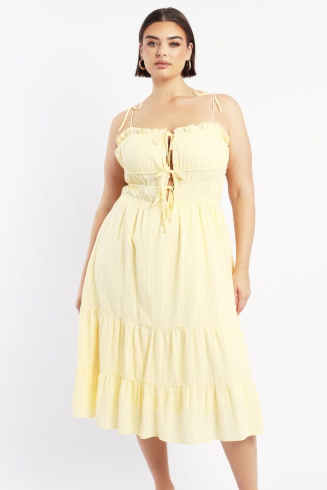 Yellow Midi Dress Sleeveless Tie Front Tiered Textured