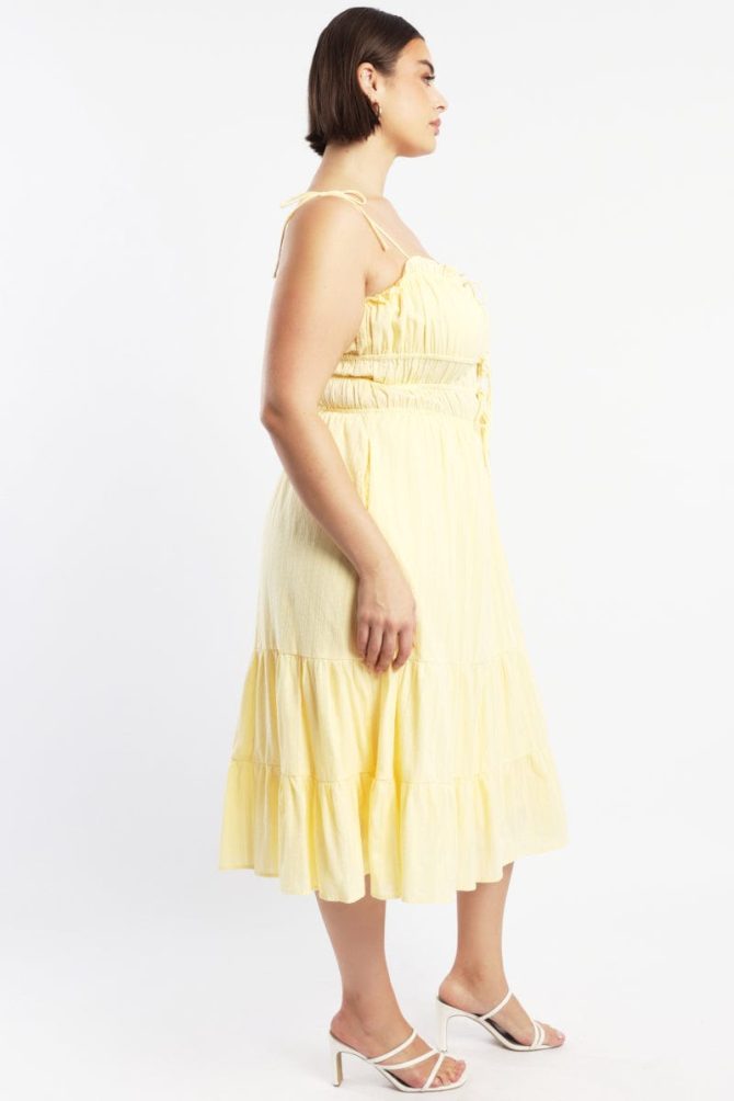 Yellow Midi Dress Sleeveless Tie Front Tiered Textured