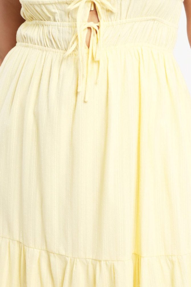 Yellow Midi Dress Sleeveless Tie Front Tiered Textured