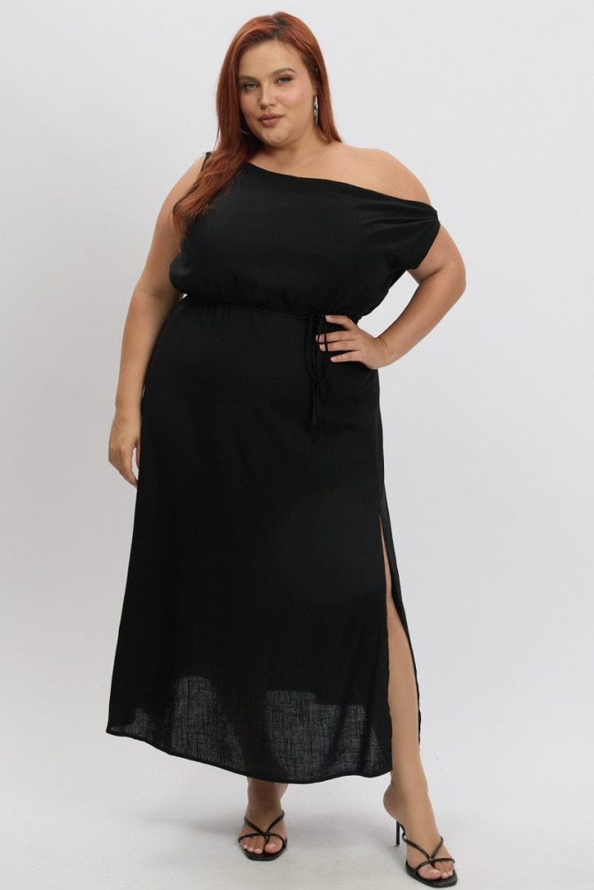 Black Midi Dress Sleeveless Asymmetrical Linen Blend