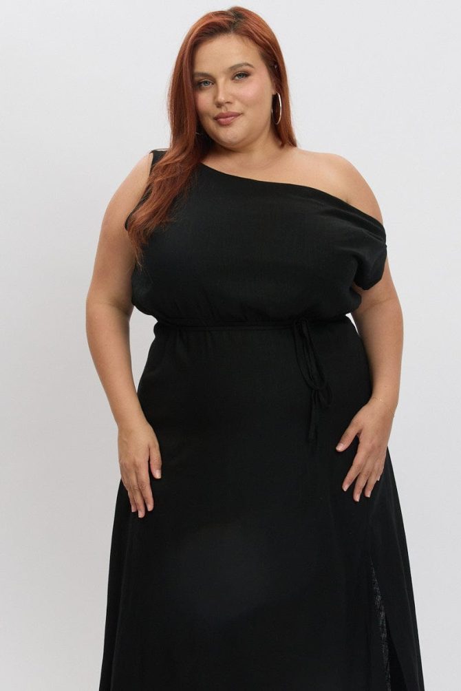 Black Midi Dress Sleeveless Asymmetrical Linen Blend