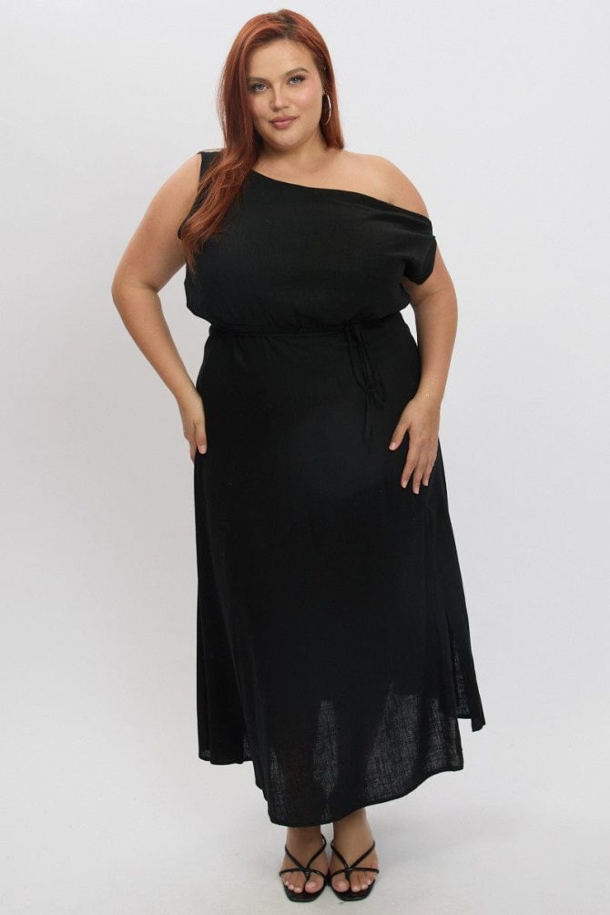 Black Midi Dress Sleeveless Asymmetrical Linen Blend