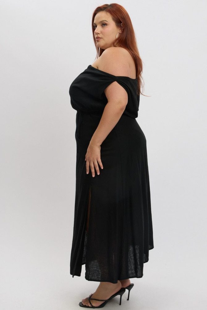 Black Midi Dress Sleeveless Asymmetrical Linen Blend