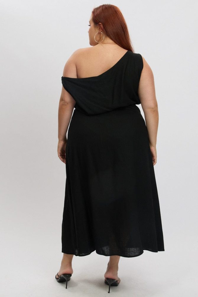 Black Midi Dress Sleeveless Asymmetrical Linen Blend