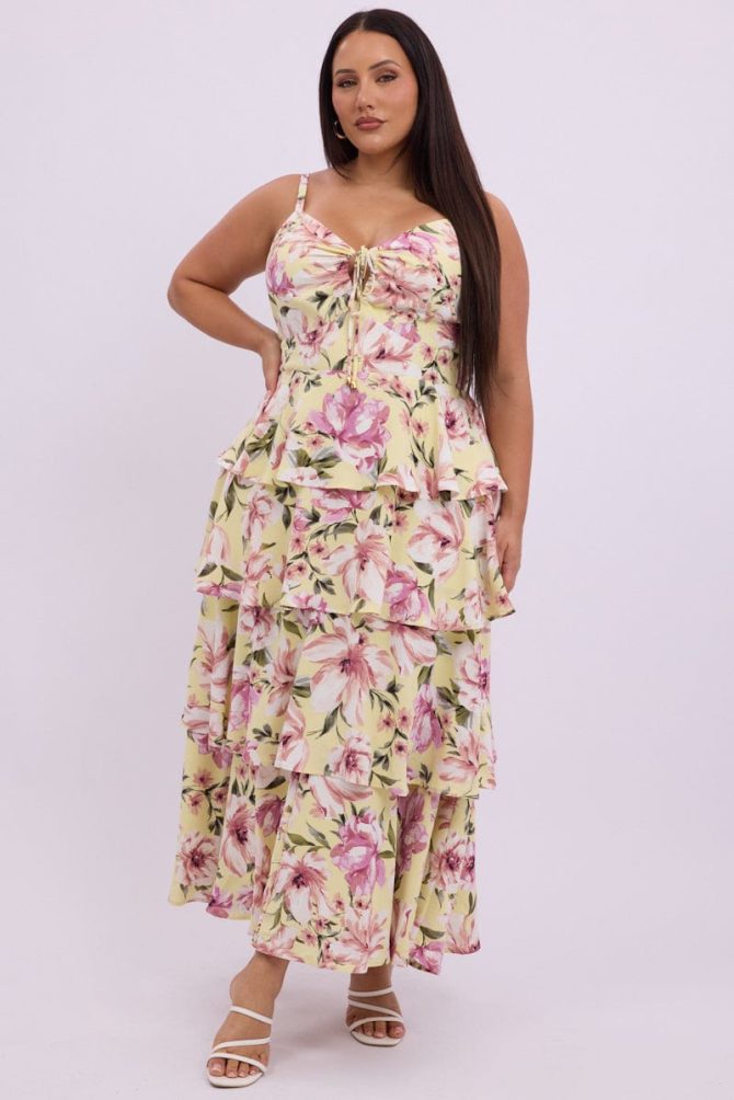 Yellow Floral Midi Dress Sleeveless Tiered Ruched Bust