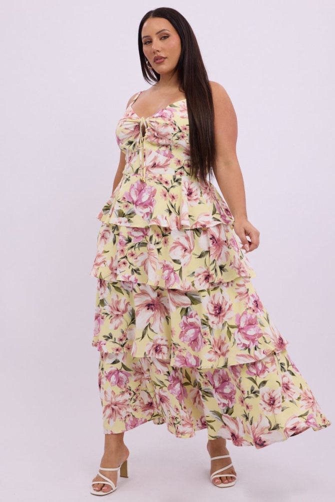 Yellow Floral Midi Dress Sleeveless Tiered Ruched Bust