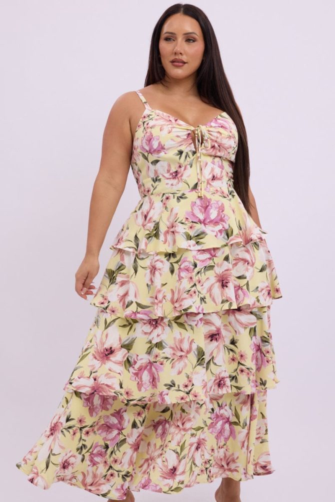 Yellow Floral Midi Dress Sleeveless Tiered Ruched Bust