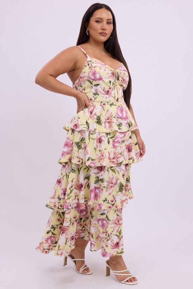 Yellow Floral Midi Dress Sleeveless Tiered Ruched Bust