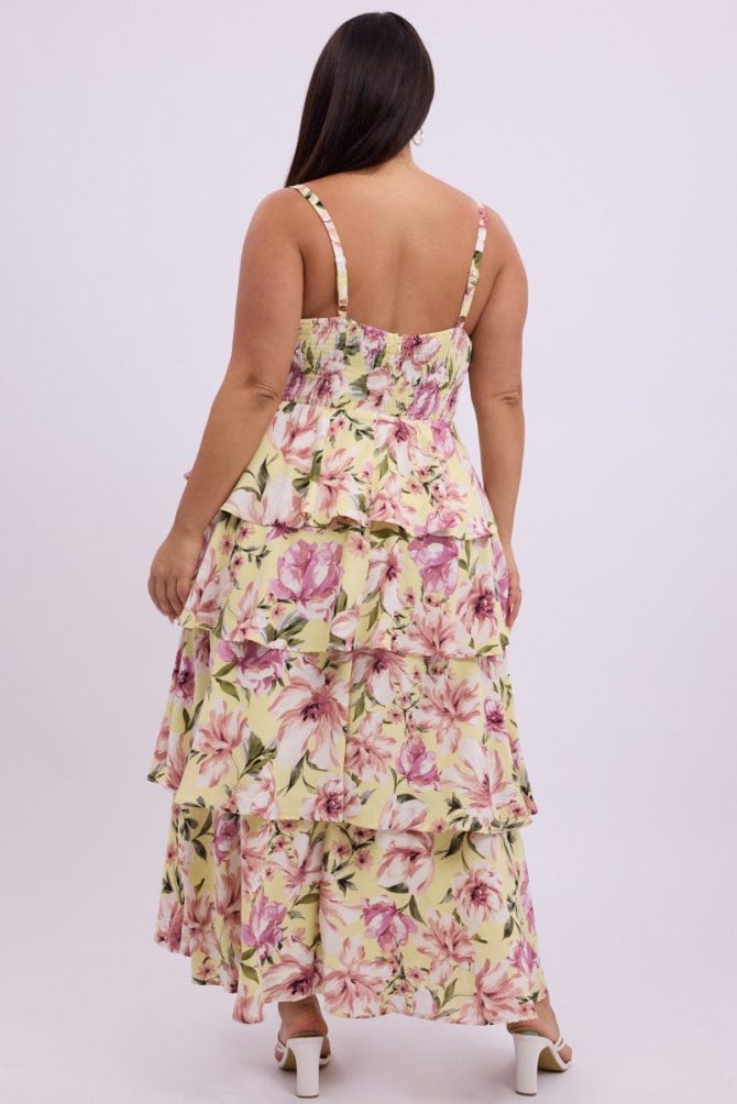 Yellow Floral Midi Dress Sleeveless Tiered Ruched Bust