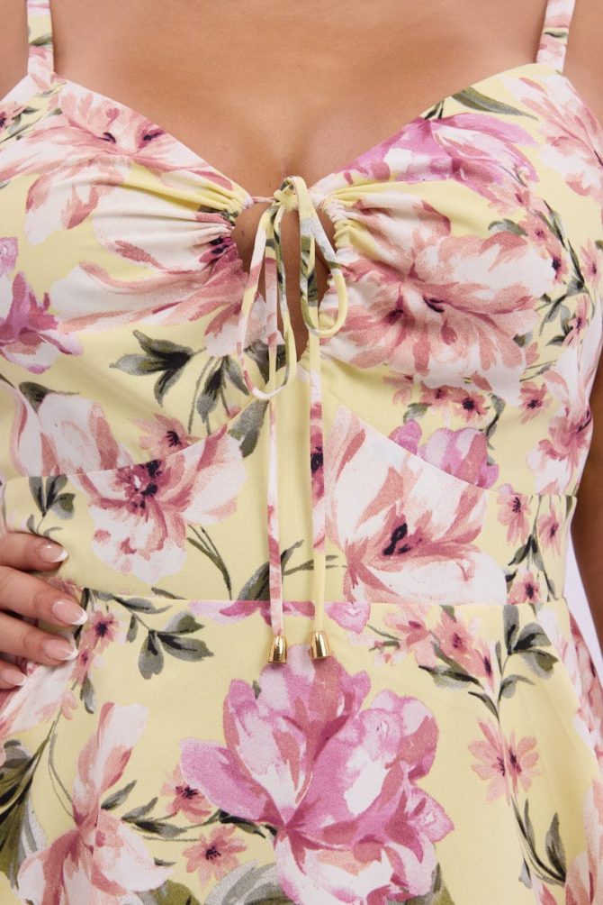 Yellow Floral Midi Dress Sleeveless Tiered Ruched Bust