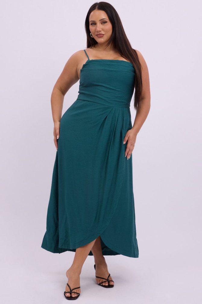 Green Midi Dress Sleeveless Wrap Front