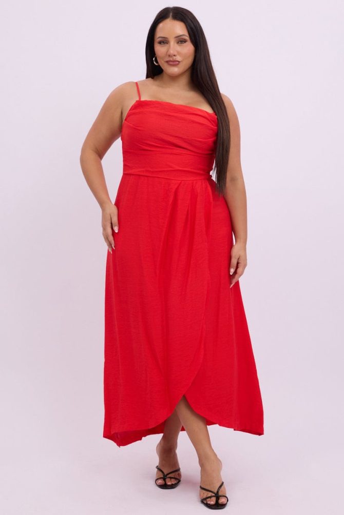 Red Midi Dress Sleeveless Wrap Front
