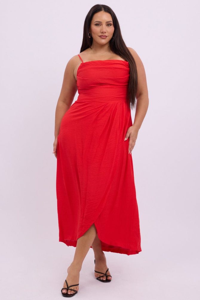 Red Midi Dress Sleeveless Wrap Front
