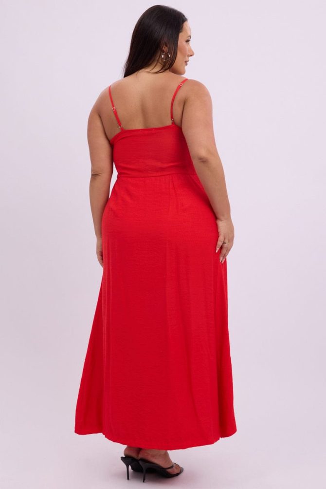 Red Midi Dress Sleeveless Wrap Front