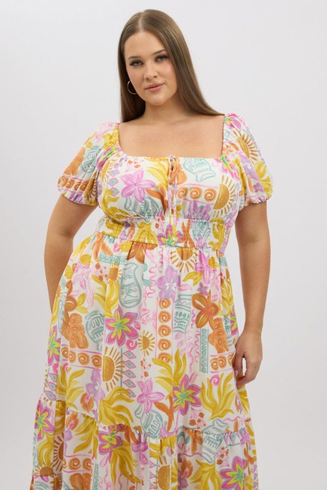 Multi Abstract Midi Dress Short Sleeve Tiered