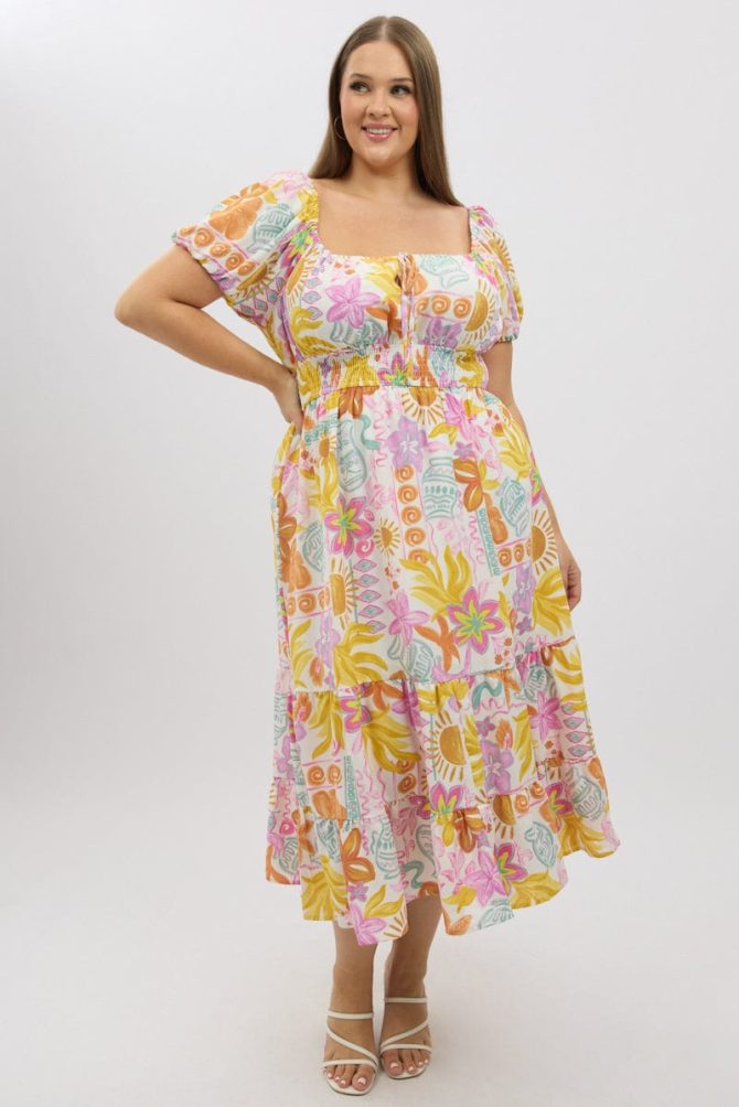 Multi Abstract Midi Dress Short Sleeve Tiered