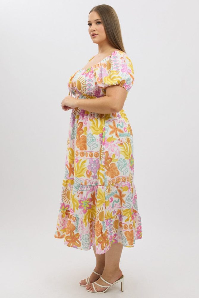 Multi Abstract Midi Dress Short Sleeve Tiered