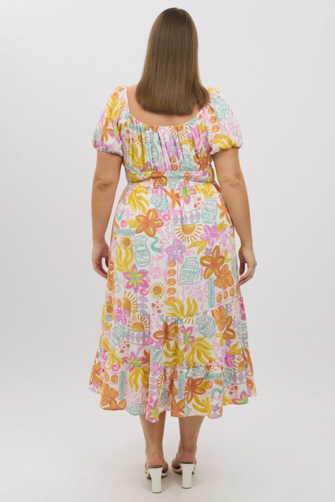 Multi Abstract Midi Dress Short Sleeve Tiered