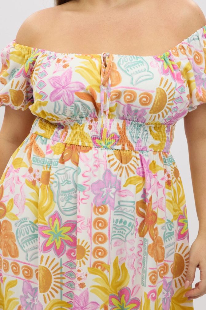 Multi Abstract Midi Dress Short Sleeve Tiered