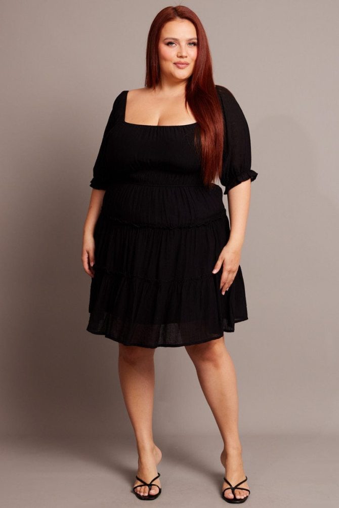 Black Mini Dress With Elastic Waist And Frill Skirt