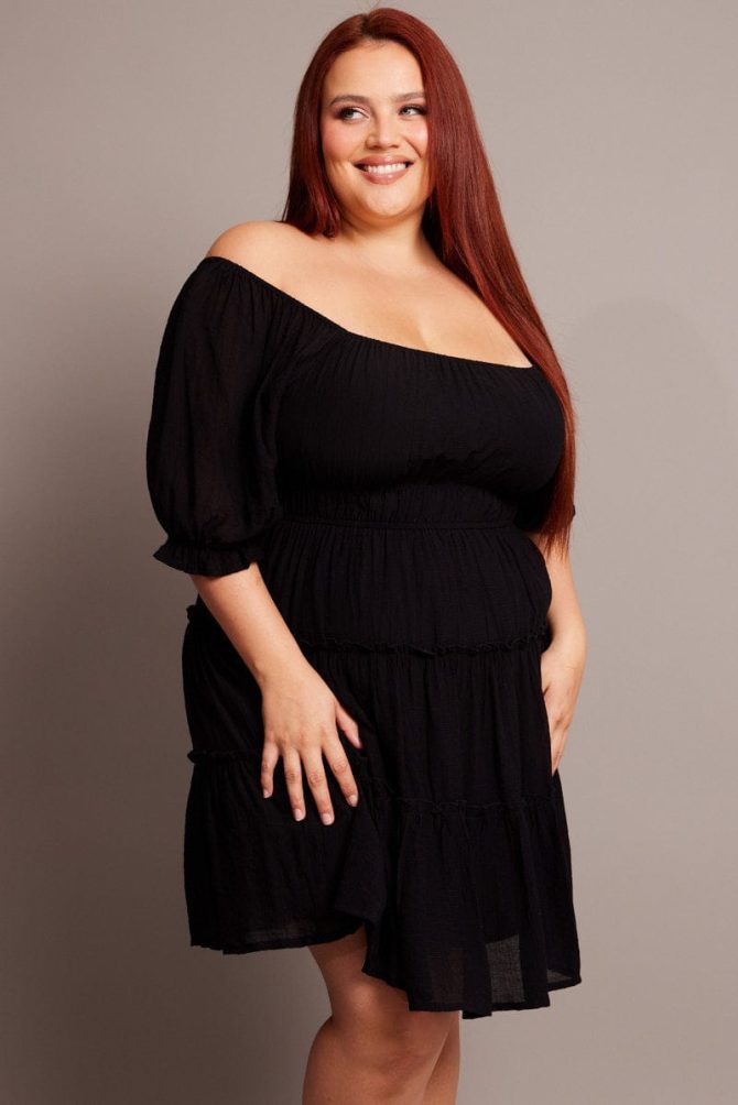 Black Mini Dress With Elastic Waist And Frill Skirt