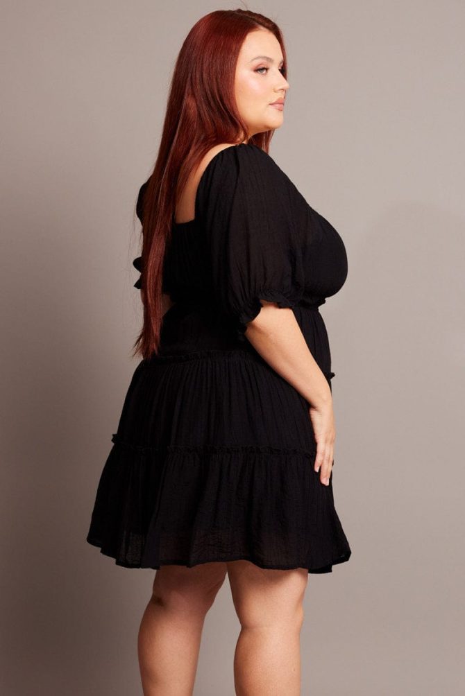 Black Mini Dress With Elastic Waist And Frill Skirt