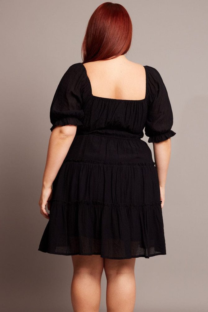 Black Mini Dress With Elastic Waist And Frill Skirt