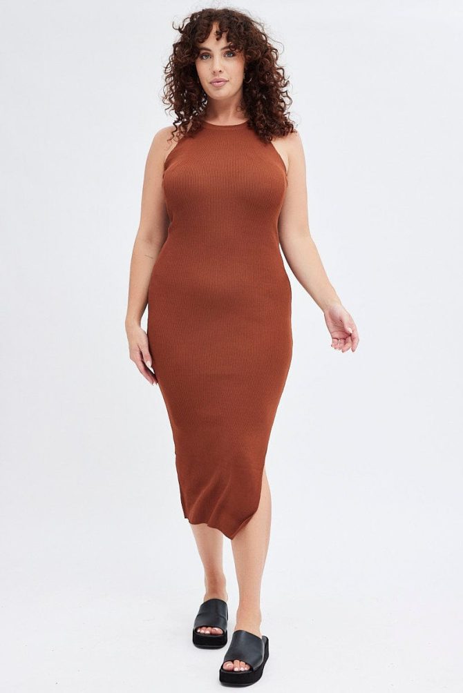Brown Knit Dress High Neck Midi