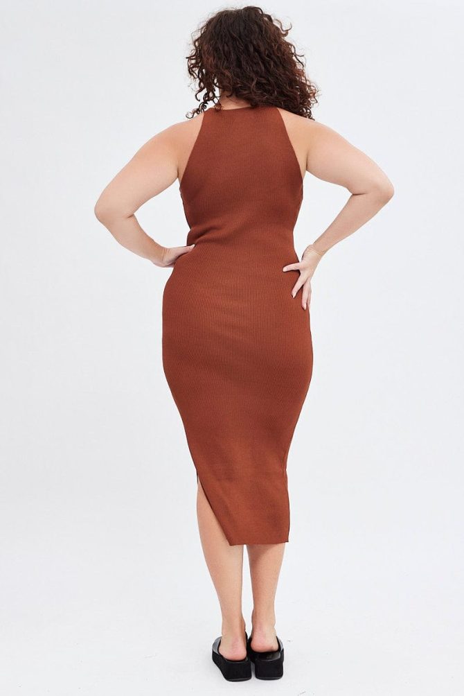 Brown Knit Dress High Neck Midi