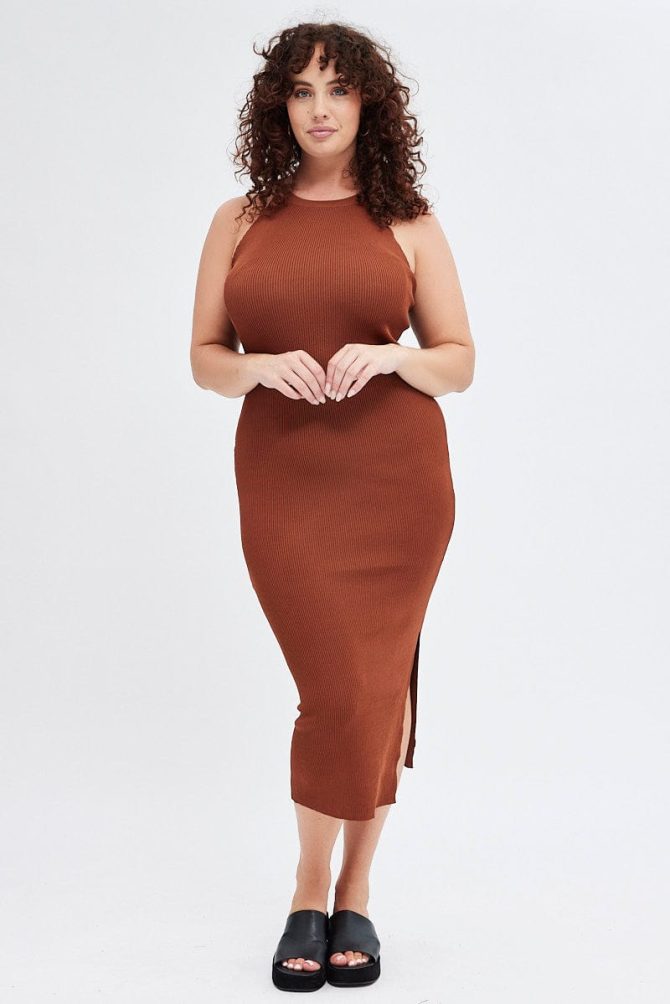 Brown Knit Dress High Neck Midi
