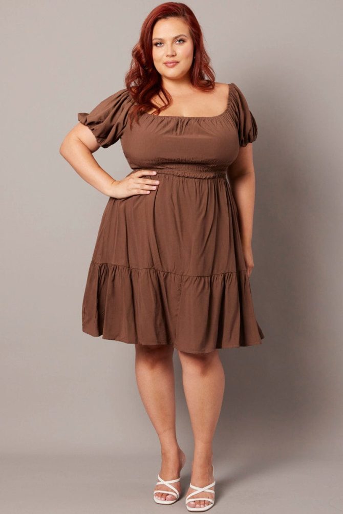 Brown Elastic Waist Detail Puff Sleeve Minidress