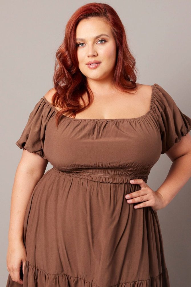 Brown Elastic Waist Detail Puff Sleeve Minidress