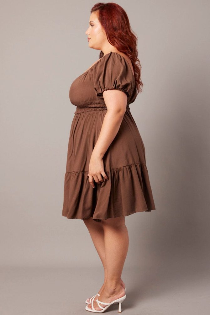 Brown Elastic Waist Detail Puff Sleeve Minidress