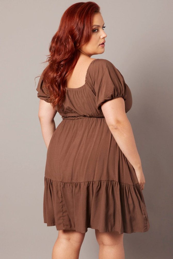 Brown Elastic Waist Detail Puff Sleeve Minidress