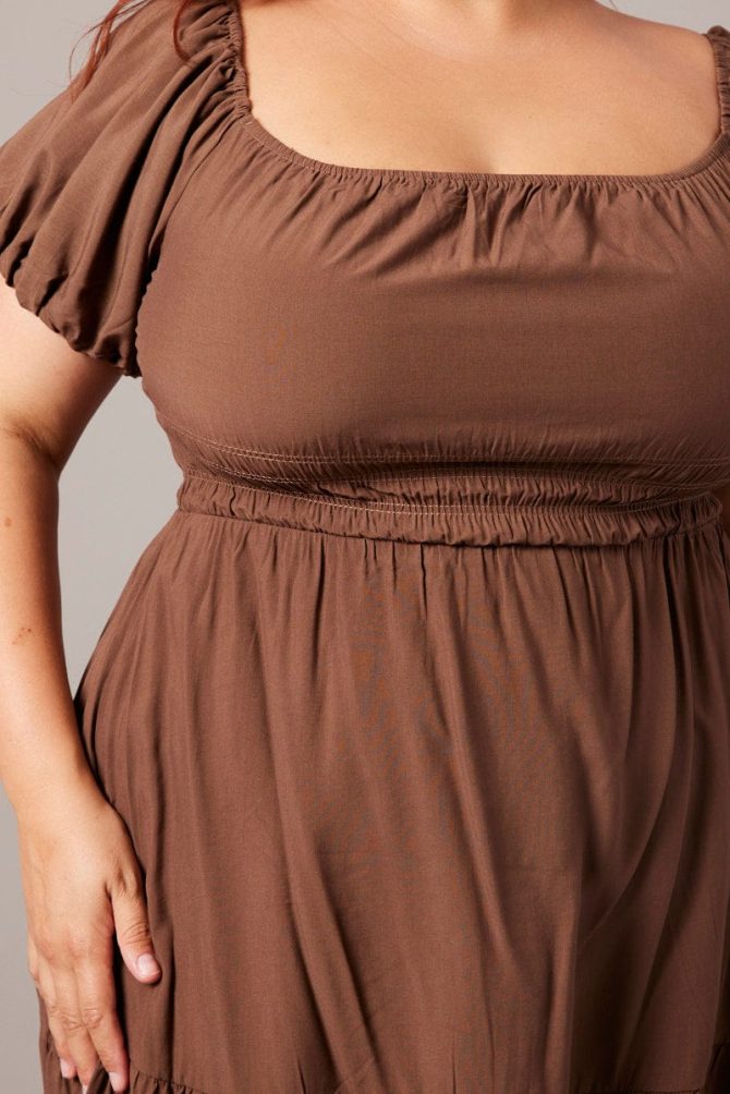 Brown Elastic Waist Detail Puff Sleeve Minidress