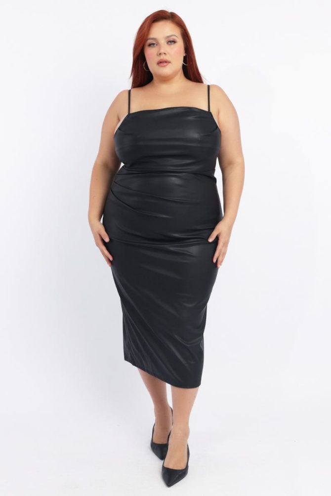 Black Ruched Side Faux Leather Midi Dress